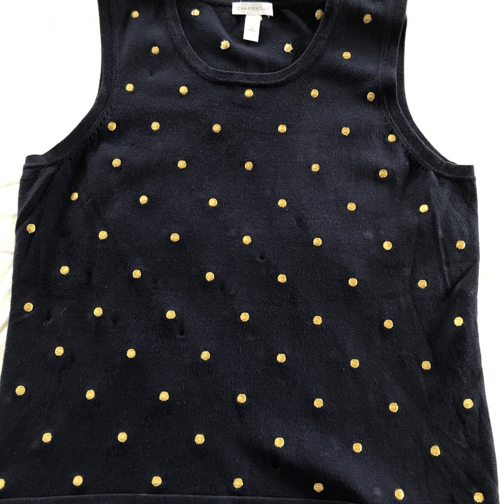 Women’s L Navy KNIT Top Gold embroidered Dots EUC